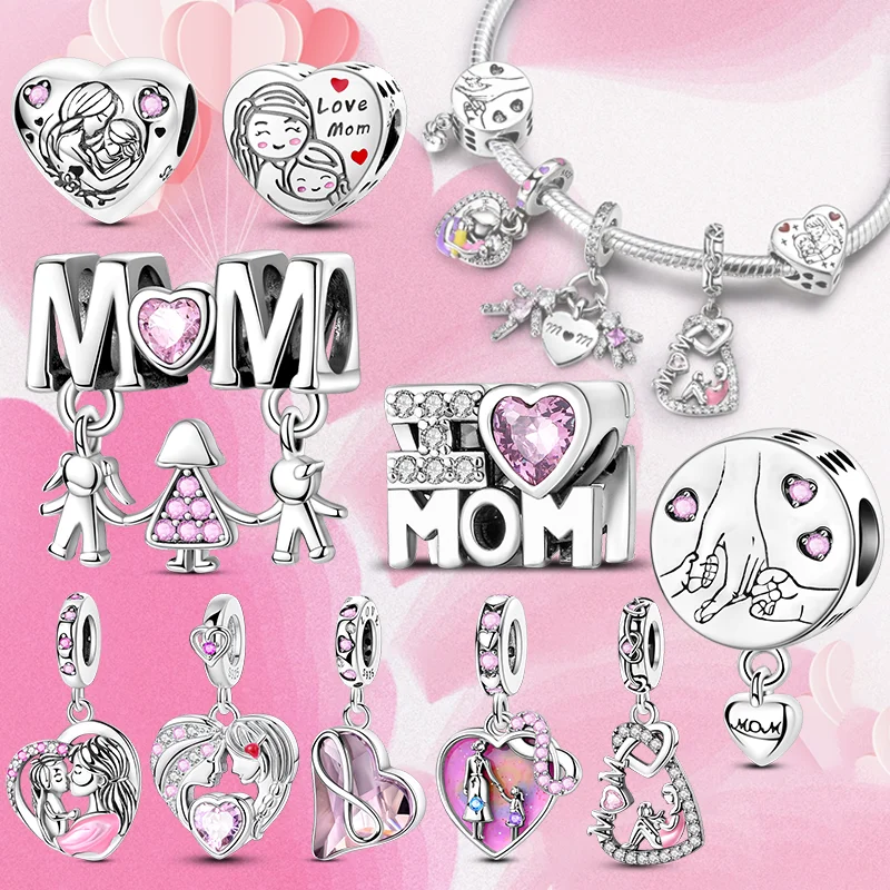 Muttertags-Charms aus 925er-Sterlingsilber in Herzform, Perlen, passend für Original-Armbänder, DIY, Schwester, Mutter, Liebe, Freundschaft, Anhänger, Geschenk Image
