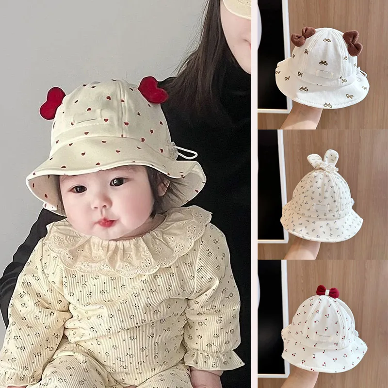 Niedliche Schleife Baby Eimer Hut Cartoon Herz Kirsche Druck Fischer Kappe für Kleinkind Junge Mädchen Weiche Baumwolle Einstellbar Kinder Sonnenhüte Image