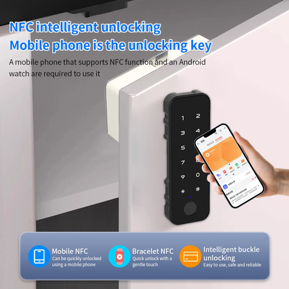 Intelligentes Fingerabdruckschloss aus Holz mit Bluetooth und Fernüberwachung. Schubladenschloss aus Holz über der Tuya Smartlife App Image