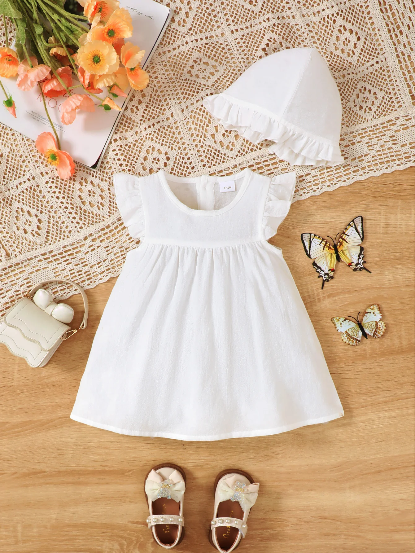 Sommerkleidung für Babys, Mädchen, Waschkleid, Rundhalsausschnitt, ärmellos, kleines Kleid mit Fliegenärmeln und Hut, vielseitig, lässig, süß Image