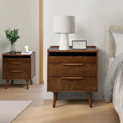 2 Drawer Nightstand with Charging Station, Mid-Century Modern Bedside Tables with Wood Legs, Wood