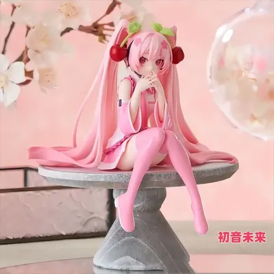 Anime Figure Hatsune Miku Pink Dress Sitting Posture Pvc Model Action Toys Cherry Pink Cherry Blossom Decoration Collect Gifts ﻿