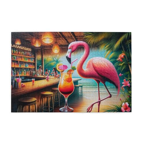 Liorosa funny flamingos bar 1000 pieces of adult wooden puzzle - classic summer-themed colorful drink pub,stunningly vibrant colors,enjoy the puzzle solving process