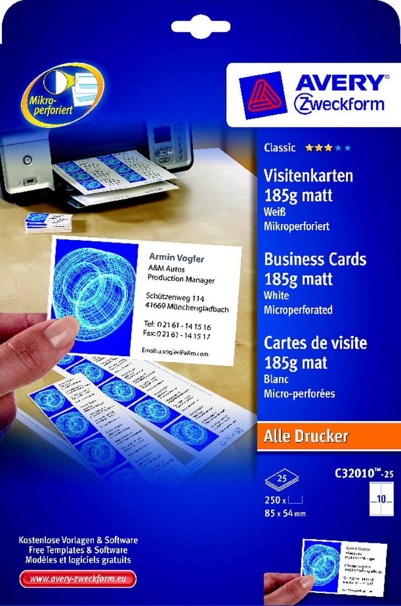 Avery Zweckform Visitenkarten Inkjet/Laser/Kopier 185g weiß VE=30x250 Stück Image