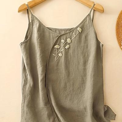 TEMU Women's Elegant Floral Embroidered Linen Cami Top - Lightweight Sleeveless Shirt With Delicate Lace Detailing, Spring/summer/fall, Ethnic Style Image