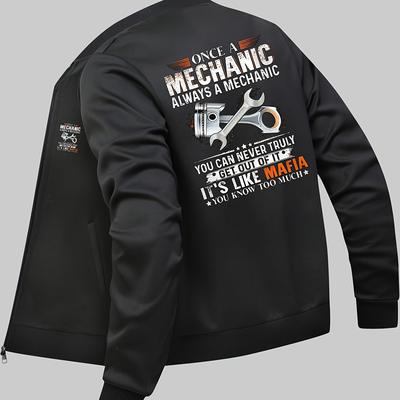 TEMU 1pc Men's Casual Print Mechanic Pattern Jacket With Baseball Collar, Zippered Pockets, Knit Polyester Fabric, Stretch, Regular Fit - All- Outerwear Image