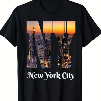 TEMU Men's T-shirt - Iconic Nyc Landmarks Graphic, 100% Cotton, Casual Crew Neck Tee For Casual Attire, Apparel | Nyc Themed Shirt | Machine Washable, New T Shirt Image