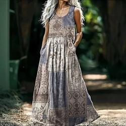Femmes Robe Longue Maxi Robe Robe Vintage Robe bohème Robe Imprimée Robe occidentale ancien Mode Classique Extérieur Vacances Fête Coupe régulière Fleur Sans manches Col ras du cou Bleu Orange Gris