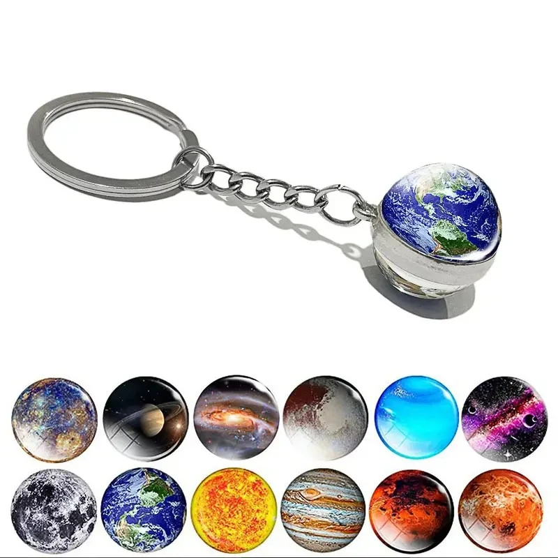 Im Dunkeln leuchtender Sonnensystem-Planeten-Schlüsselanhänger, Galaxie-Nebel, leuchtender Schlüsselanhänger, Mond, Erde, Sonne, doppelseitiger Glaskugel-Schlüsselanhänger Image