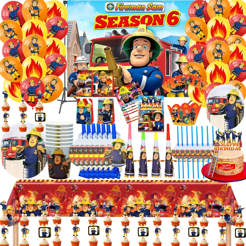 Feuerwehrmann Sam Thema Alles Gute zum Geburtstag Partyzubehör Set Hintergrund Tasse Teller Servietten Tischdecke Party Kinder Jungen Favor Ballons Dekor Image