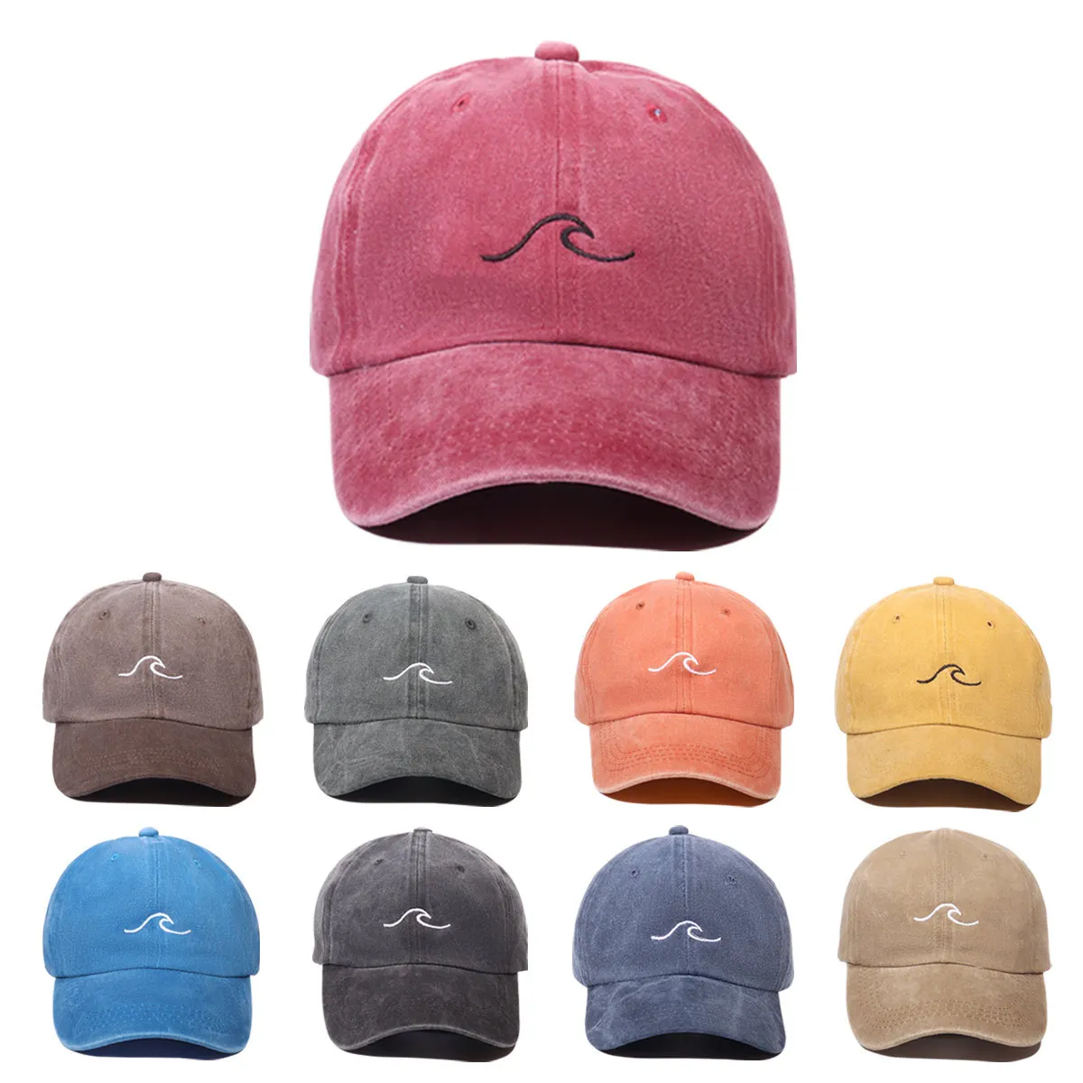 Wellenmuster bestickte Baseballkappe für Männer und Frauen, Vintage-Stil, gewaschene Baumwolle, Entenschnabel-Sonnenhut, Outdoor-Sport, Distressed Dad-Hüte Image