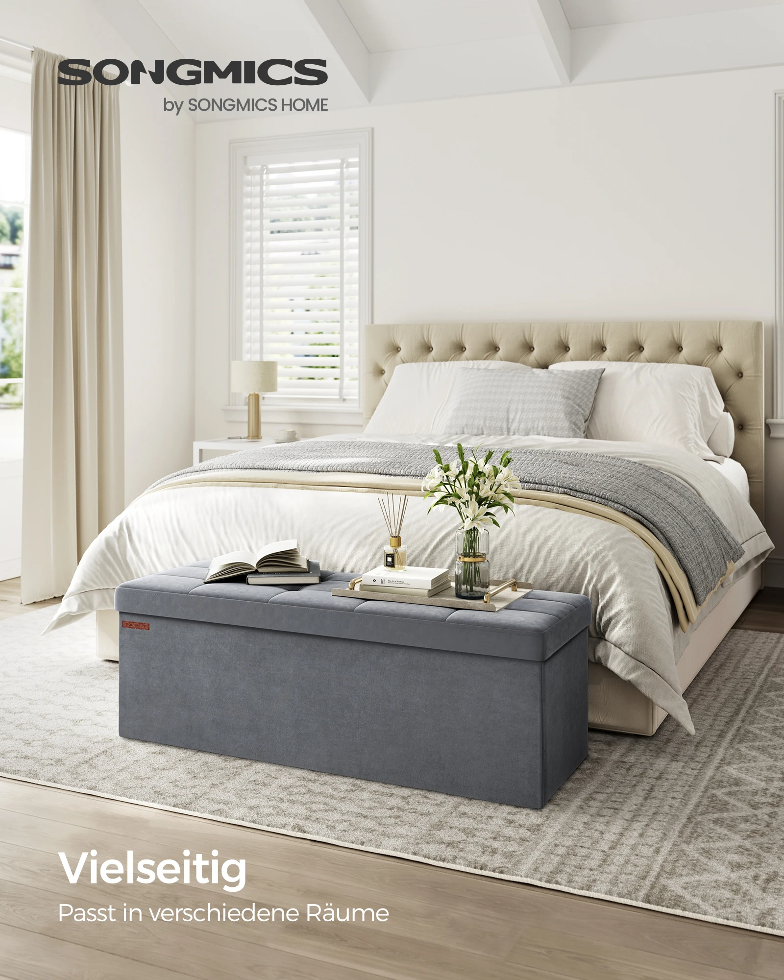 SONGMICS Sitzhocker Aufbewahrungshocker, Samtige, klappbare Sitztruhe (76/110 cm) mit 2 extra Boxen