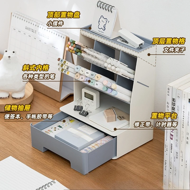 Farbblockierender, hochästhetischer, schräger Plug-in-Stifthalter aus Kunststoff mit großem Fassungsvermögen, Aufbewahrungszubehör für Büro und Schlafsaal Image