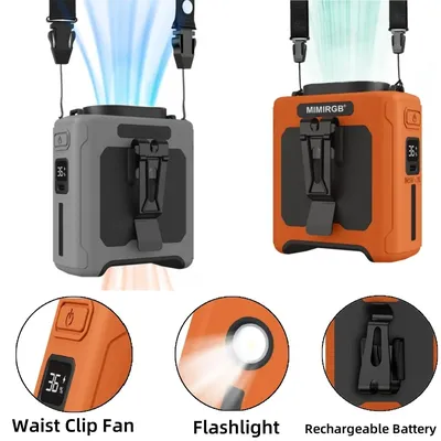 USB Rechargeable Fan Small Outdoor Camping Waist Fan with Power Bank LED Light for Emergency Sports Outdoor Working