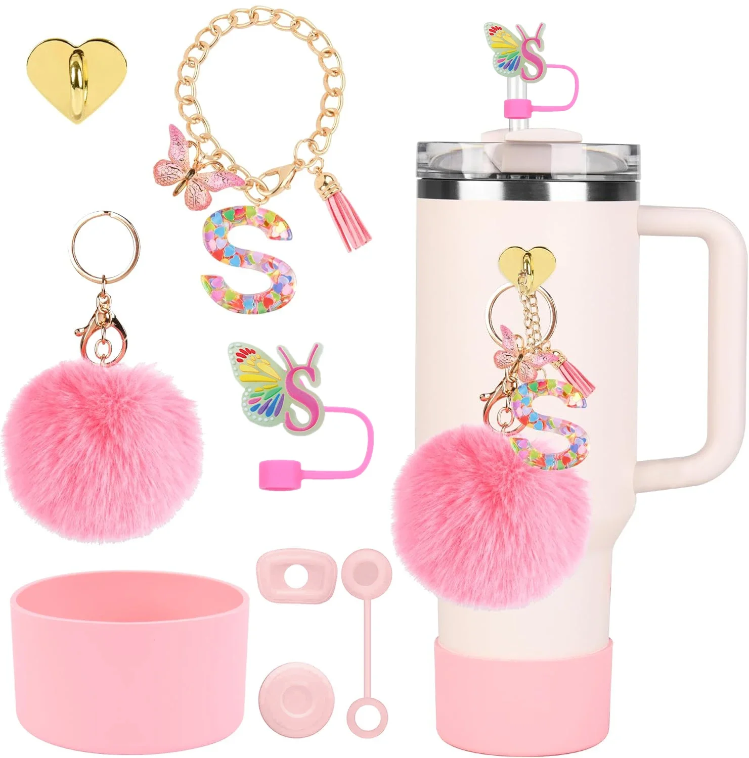 8-teiliges Zubehör-Set für Stanley Cup-Initialen, Silikon-Strohhülle und Stiefel, niedliche Buchstaben-Charms für 40oz 30oz Tumbler mit Griff Image