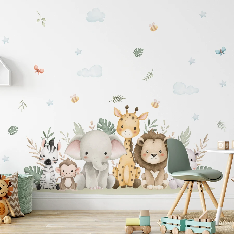Cartoon Tiere Löwen Elefanten Giraffen PVC abnehmbare Wandaufkleber für Kinderzimmer Dekor Schlafzimmer Wohnzimmer Wandtattoos