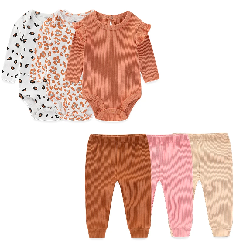 Kiddiezoom Niedliches 6-teiliges Baby-Kleidungsset für Neugeborene, langärmlig, Bodys + Hosen, vier Jahreszeiten, Unisex-Säuglingskleidung Image