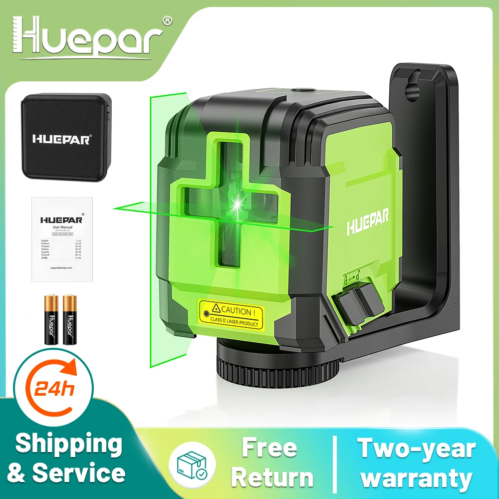 Huepar GK011DG 2-Linien-Kreuzlinienlaser, selbstnivellierend, horizontal und vertikal, Deutschland Osram, grüner Strahl mit Halterung Image