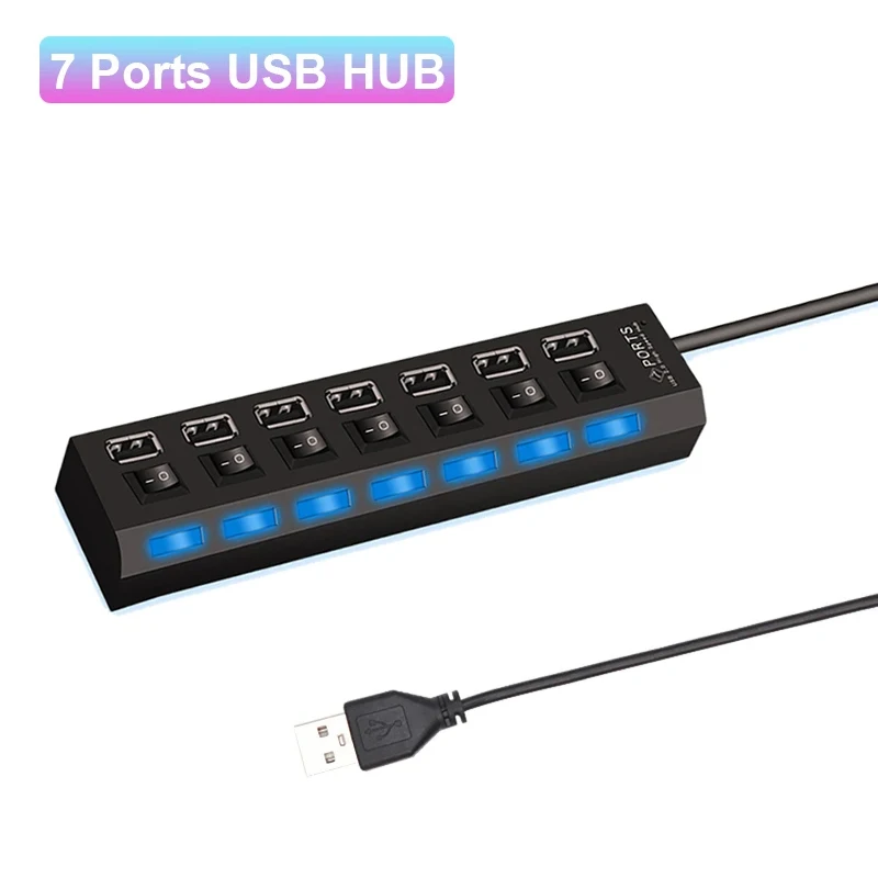 7 Ports USB HUB 2.0 Hochgeschwindigkeitsadapter Expander Multi USB Splitter Mehrere Extender mit LED-Lampenschalter für Büro-PC-Laptop Image