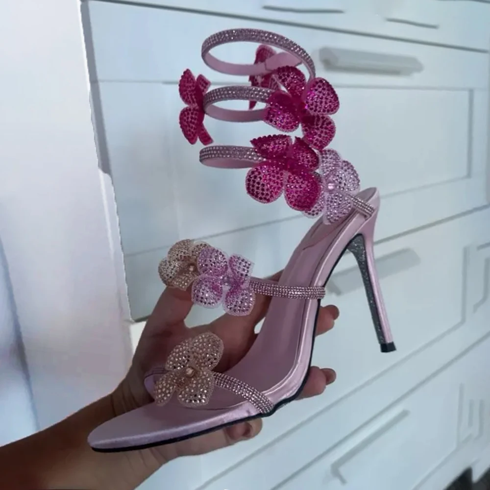 Aneikeh Luxus Designer Rosa Blume Strass High Heels Sandalen Schuh Sexy Wrap Strap Offene spitze Stripper Prom Party Damen Schuhe