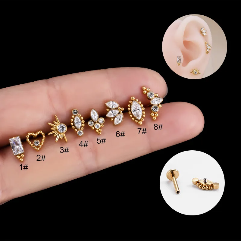 1PC ASTM F136 G23 Titanium Piercing Labret Stud Internal Thread Stud Earring Zircon Horse's Eye Helix Lobe Body Piercing Jewelry