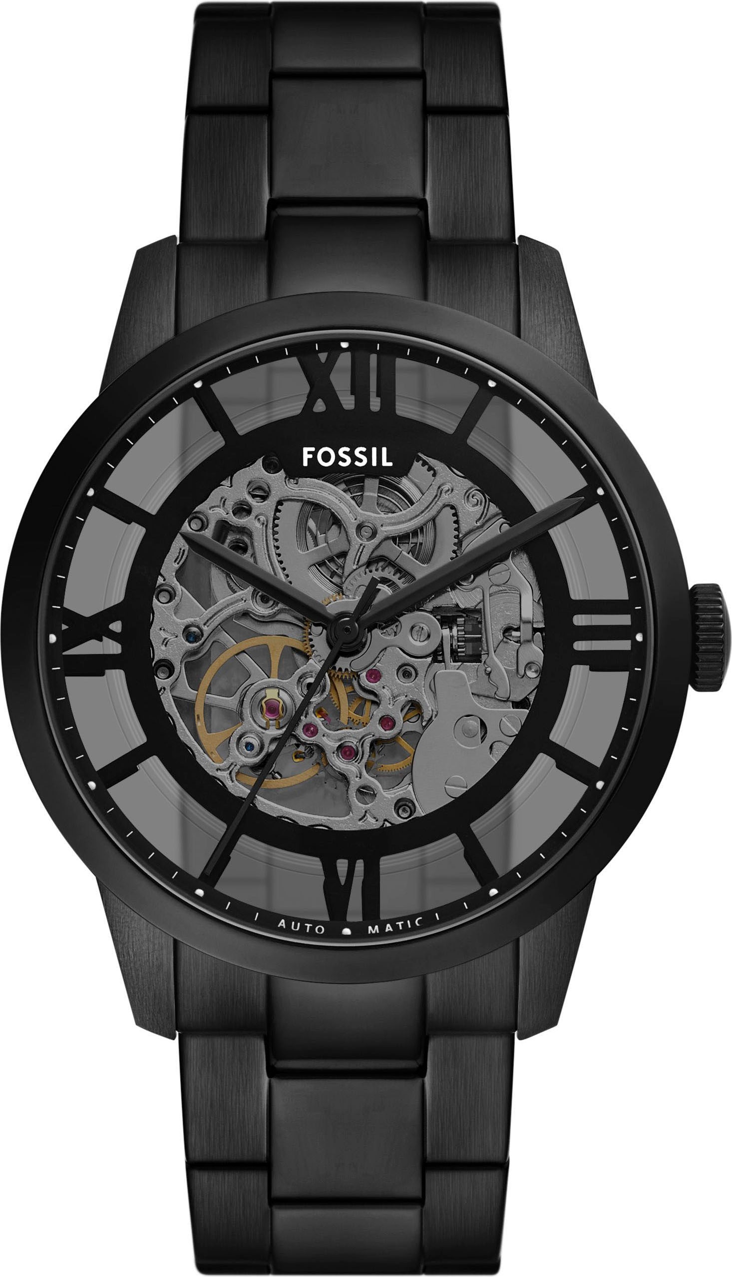Automatikuhr FOSSIL "TOWNSMAN", transparent (schwarz, transparent), Armbanduhren, Kinder, Automatikuhr, Armbanduhr, Herrenuhr, Mechanische Uhr, Edelstahlarmband, analog