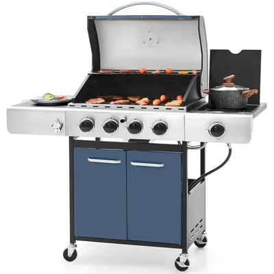 4-Burner Gas BBQ Grill with Side Burner and Porcelain-Enameled Cast Iron Grates, 42,000BTU Propane