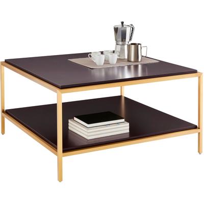 Couchtisch LEONIQUE "Cherlen", braun (walnuss, wallnuss), B/H/T: 90cm x 47,5cm x 90cm, Tische, mit zwei Ablageflächen und goldfarbenem Gestell, quadratisch Image