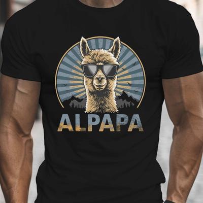 TEMU Men's Casual Alpaca Graphic Tee - Black Crew Neck Short Sleeve T-shirt With Fashion Glasses Print, Lightweight Polyester , Ideal For Summer Image
