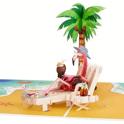 TEMU 1pc Flamingo 3d Pop-up Card With Envelope - Vibrant Tropical Beach Scene, , Retirements, And Special Celebrations! Party Invitation | Vibrant Design | Paper Card Image