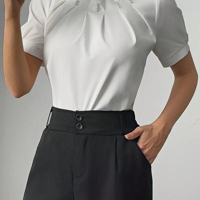 TEMU Elegant Round Collar, Folded, Beaded Pearl Decoration, Short Sleeve, Fitted, White, Solid Color, Regular Length, For Adult, Spring/summer Image