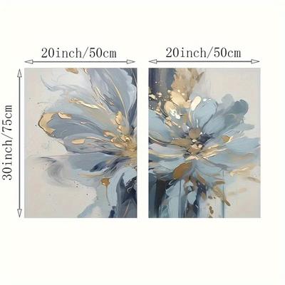 TEMU 2pcs Modern Abstract Floral Canvas Art In Light Blue And Golden, Frameless Wall Decor For Living Room & Study, Elegant Blue And Golden Floral Print, Decor, Room Decor Image