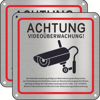 TEMU 2pcs German Video Surveillance Signs, 15 X 15cm Aluminum Alloy, Wall Mount Security Camera Alerts, Surveillance Camera Warning, Surveillance Warning Sign, Camera Warning Sign Image