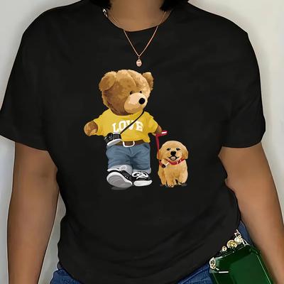 TEMU Cute Bear Graphic Fashion Round Neck Short Sleeve Women's Casual Sports T-shirt, Knitted Fabric, Comfortable Wear Image