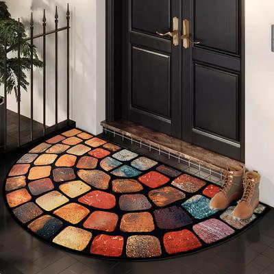 TEMU 1pc Pattern Semi-circular Doormat - Non-slip Polyester Entry Mat With Textured Backing, Decor For Bedroom & Living Room, Machine Washable, Polyester Doorma Image