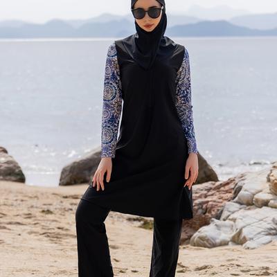 TEMU Elegant Women's 3pcs Beachwear Set - Long Sleeve, Long Pants With Hood - Stretchy Fabric, Zipper Closure, Vibrant Floral & Geometric Patterns - Ramadan & Summer Image