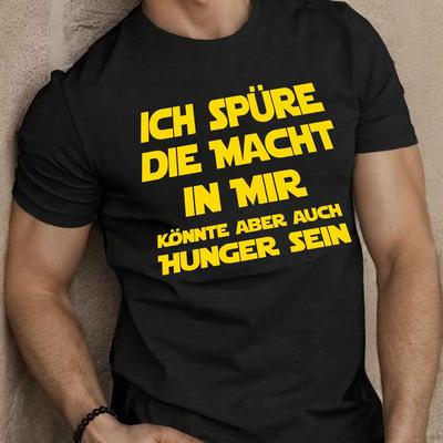 TEMU Fun German Men's Graphic Short Sleeve T-shirt - Yellow Text Print, Geometric Pattern, Round Neck, Machine Washable, Casual Summer Top For Adults, T-shirt Stylish, Design, Regular Fit Shirt Image