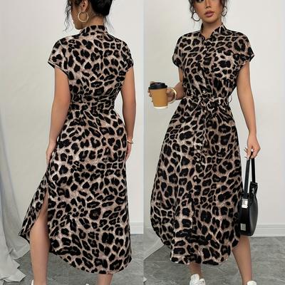 TEMU Elegant Leopard Print Midi Dress For Women - Short Sleeve, High-low Hem, Button-up Front, Machine Washable, Casual Or , Versatile Midi Dress | Short Sleeve Dress | Vacation Wear Image