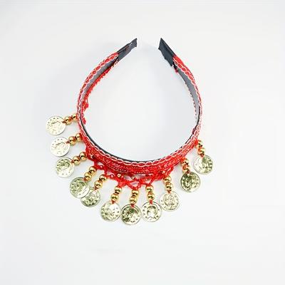 TEMU Handmade Bohemian Belly Dance Headband With Red & Embellishments - 1980s Retro Style Polyester Hair Accessory For Dance, Cultural Events & Festivals, Dance Accessories Image