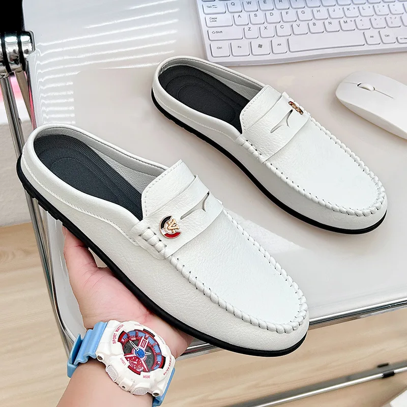 Männer Hausschuhe Mode Leder Loafer Mokassins Im Freien Nicht-slip Casual Fahren Schuhe Männer Maultiere Rutschen Bequeme Strand Sandalen Image