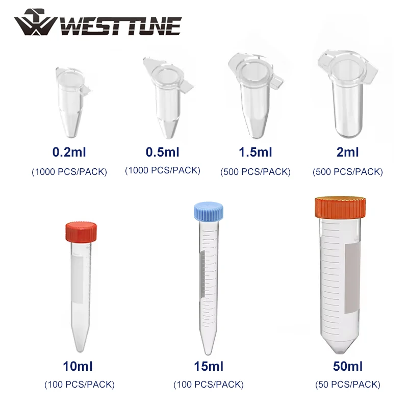 WESTTUNE Kunststoff-Zentrifugenröhrchen mit Schnappverschluss, 0,2 ml, 0,5 ml, 1,5 ml, 2 ml, 10 ml, 15 ml, 50 ml, Micro-Skala, PCR-Röhrchen, Probenlaborbehälter Image