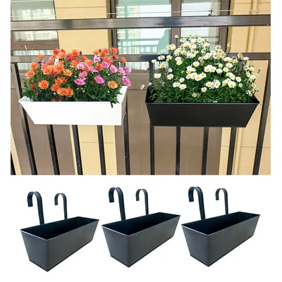 Outdoor Plants Planter Black Metal Iron Hanging Flower Pots Decks Railings Fence Buckets Modern Boho Wall Mount Window Box