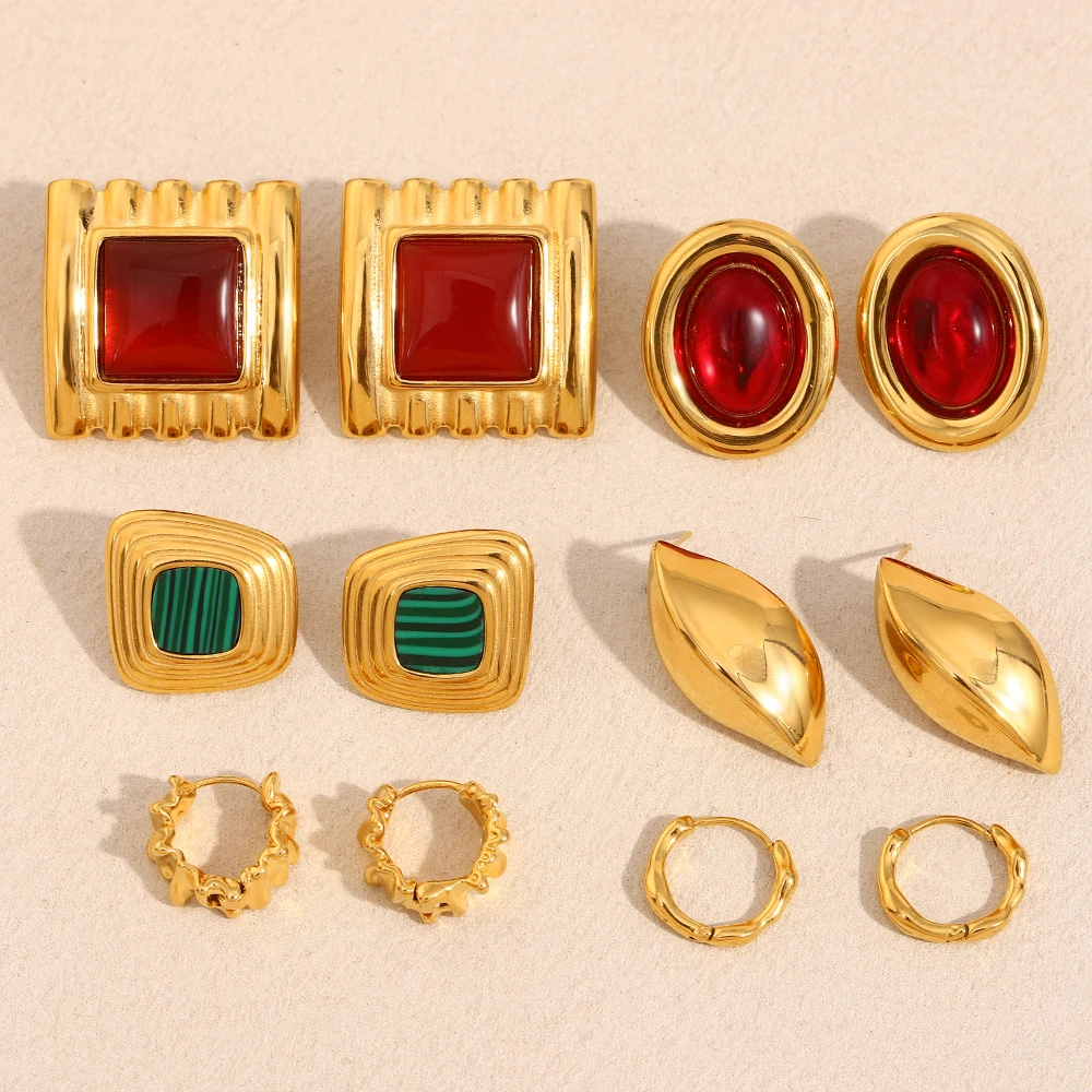 E.B.belle Ohrstecker im Vintage-Stil, glatt, quadratisch/oval, roter Edelstein, 18 Karat vergoldeter Edelstahl, für Damen und Mädchen, Schmuck