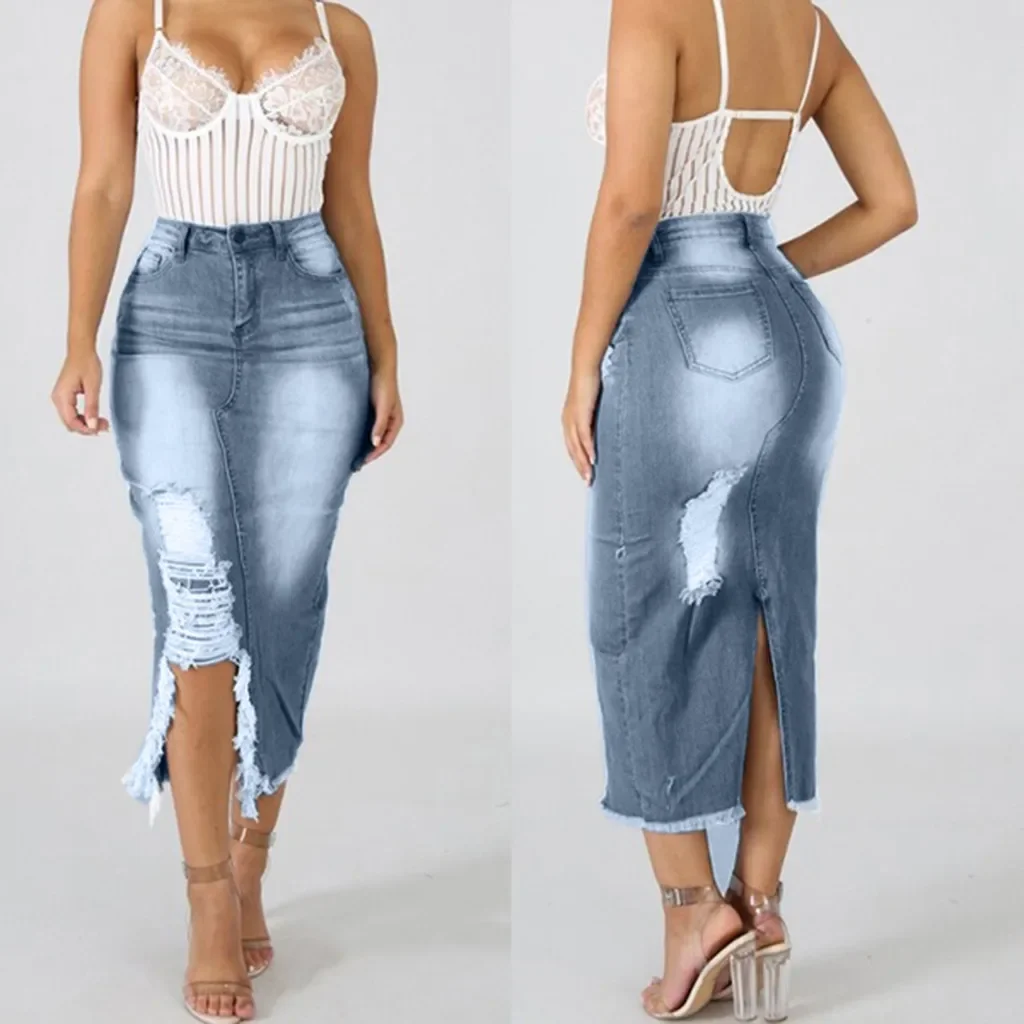 Zerrissene Zerstört Denim Röcke Frauen Hohe Taille Slim Fit Bodycon Hüften Bleistift Langen Rock Elegante Plus Größe S-5XL Faldas Mujer Moda Image