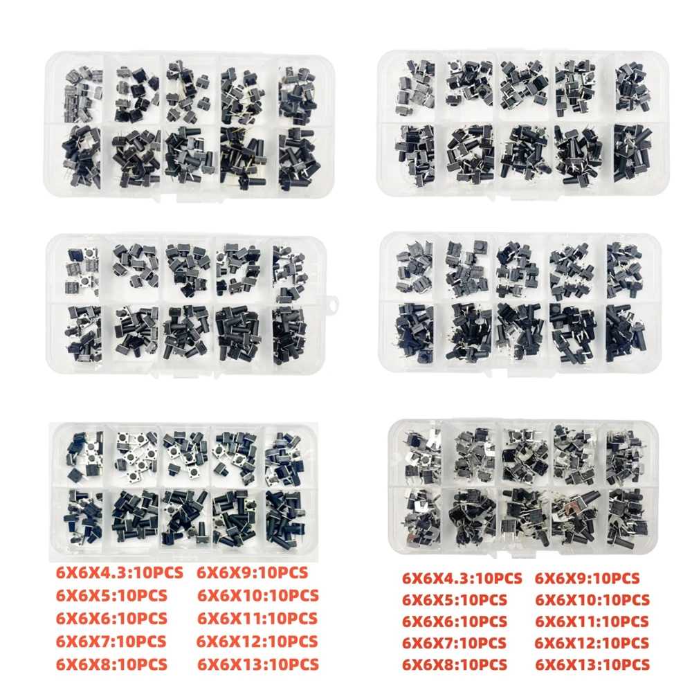 10 Modelle = 100 Stücke 6*6 Licht Micro Touch Schalter Set Druckschalter Kit Höhe: 6*6*4,3 MM ~ 13 MM DIP SMD 2 P/4 P 6x6 Tasten Takt Image