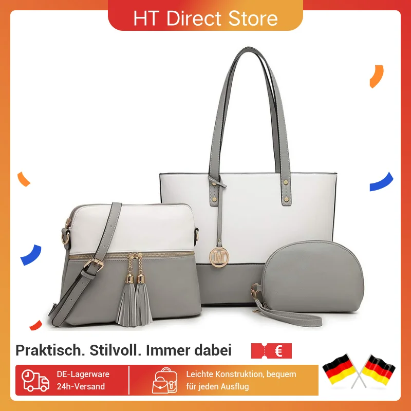 Miss Lulu Damen Handtaschen Set, 3-teilig, große Kontrastfarbe Einkaufstaschen mit Quaste, Umhängetasche und Aktentasche