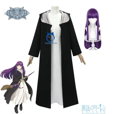 Frieren: Beyond Journey's End Fern Cosplay-Kostüm, Anime-Kleidung, schwarzer Mantel, weißes Kleid, Image