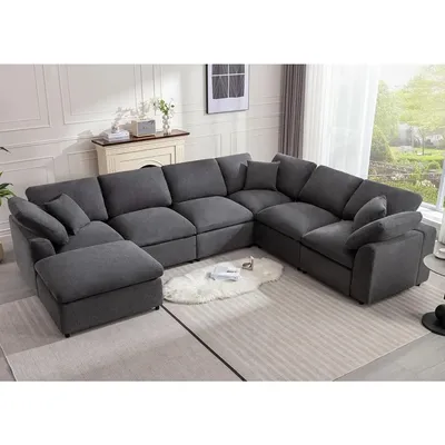 Modular Sectional Sofa Modern Oversized Cloud Couch with Movable Ottoman 7 Seater L-Shaped Sofas Comfy Couches, Dark Grey