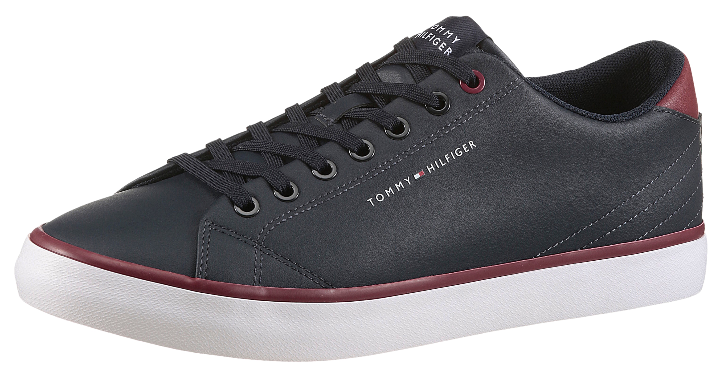 Sneaker TOMMY HILFIGER "TH HI VULC CORE LOW LEATHER", Herren, Gr. 45, blau (dunkelblau), Leder, Lederimitat, unifarben mit Farbeinsatz, Schuhe Sneaker, Freizeitschuh, Halbschuh, Schnürer mit gepolstertem Schaftrand