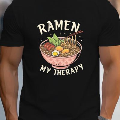 "TEMU Men's "ramen Is " T-shirt - Casual Round Neck, Geometric Pattern, Polyester, Machine Washable - Summer Knitwear" Image